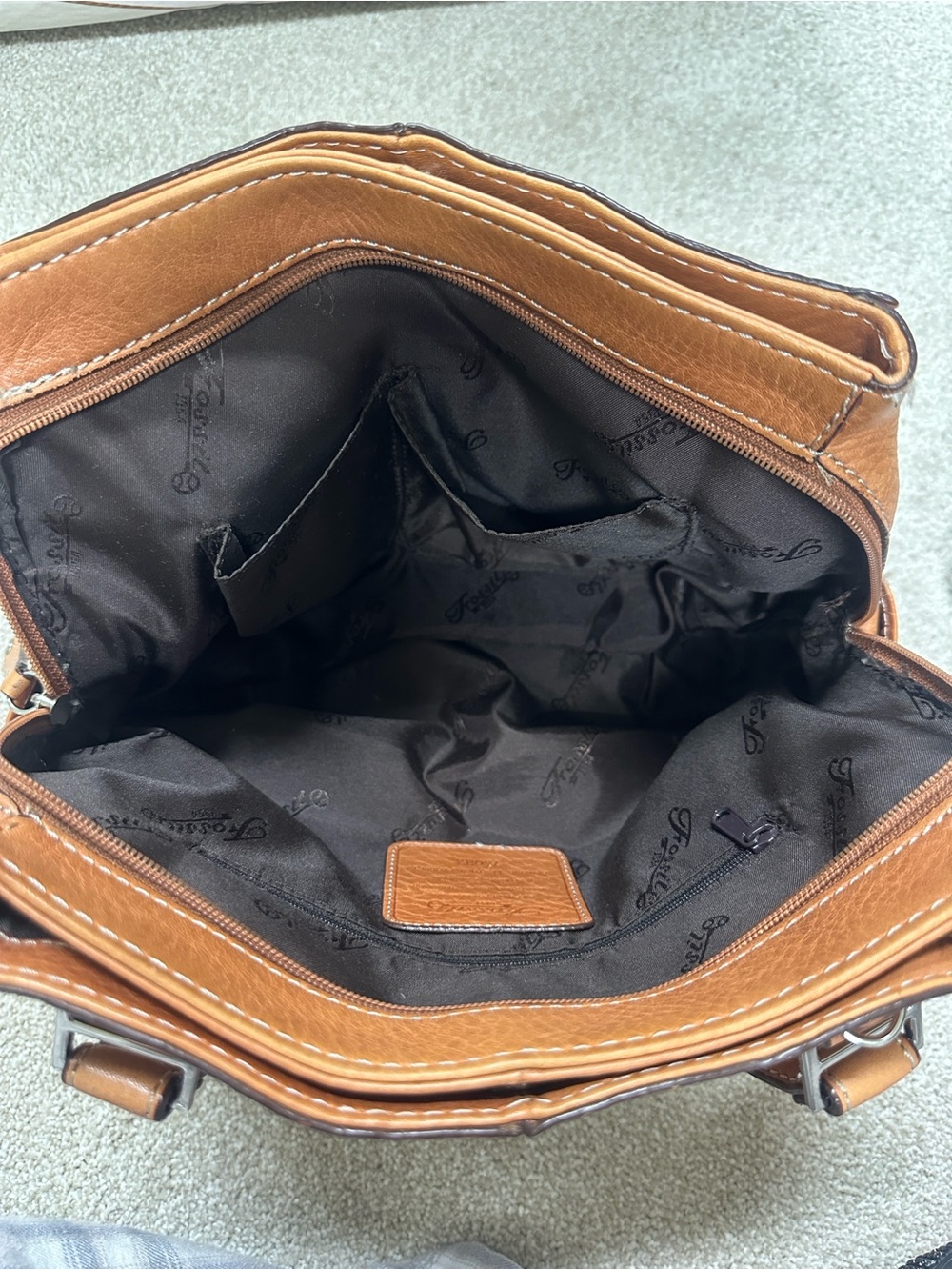 Vintage tan, pebble, leather, fossil shoulder bag dual shoulder straps - Picture 5 of 16